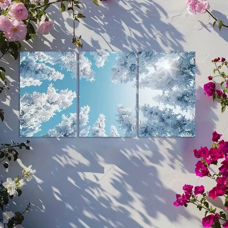 3pcs Snow-Covered Pine Trees & Skyscape Metal Print Ready to Hang Art
