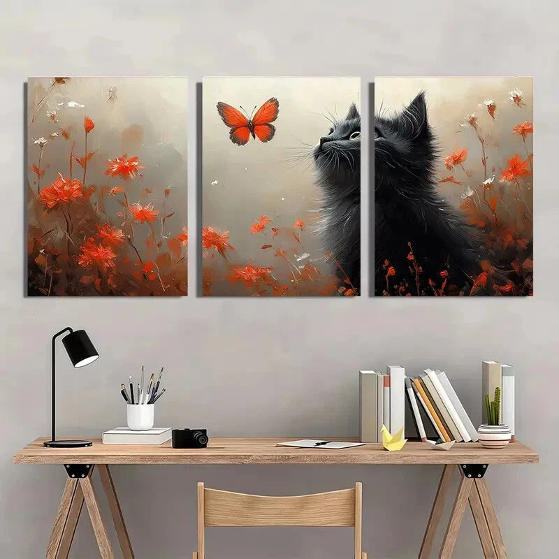3pcs Black Cat with Red Flowers & White Butterfly Metal Print Ready to Hang Art - Bella Home Decor