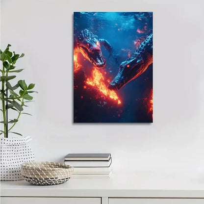 Cyberpunk Crocodile Chase Vibrant Blue Painting 40x60cm Metal Print Ready to Hang - Bella Home Decor