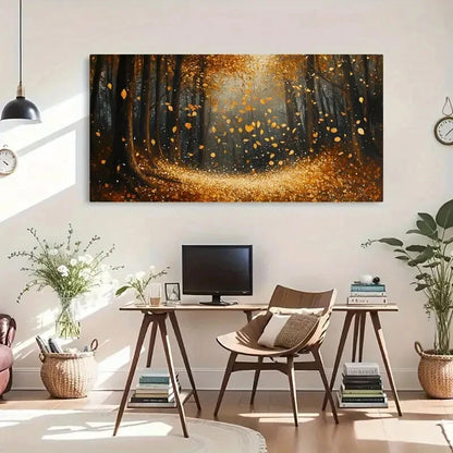 Golden Leaves Autumn Forest Wall Art Canvas Office Home Room Framed 120x60cm - Bella Home Decor