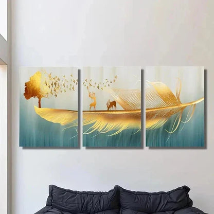 3pcs Feathers Reindeer Birds Money Tree Wall Art Canvas Unframed – High Quality Print 100% Australian Made Wall Canvas