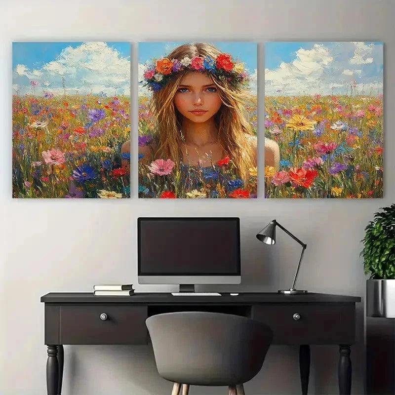 3pcs Girl In A Field Of Flowers Perfect Wall Art Set Canvas Framed 50x70cm - High Quality Print 100% Australian Made Wall Canvas Ready to Hang - Bella Home Decor
