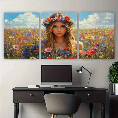 3pcs Girl In A Field Of Flowers Perfect Wall Art Set Canvas Framed 50x70cm - High Quality Print 100% Australian Made Wall Canvas Ready to Hang - Bella Home Decor