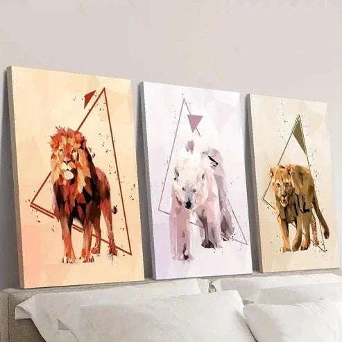 3pcs Abstract Geometric Lion Bear Animal  Wall Art Set Canvas Unframed - High Quality Print 100% Australian Made Wall Canvas - Bella Home Decor