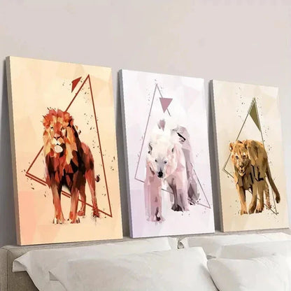 3pcs Abstract Geometric Lion Bear Animal  Wall Art Set Canvas Unframed - High Quality Print 100% Australian Made Wall Canvas - Bella Home Decor