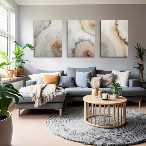 3pcs Geometric Neutral Tree Ring Patterns  Wall Art Canvas Unframed - High Quality Print 100% Australian Made Wall Canvas - Bella Home Decor