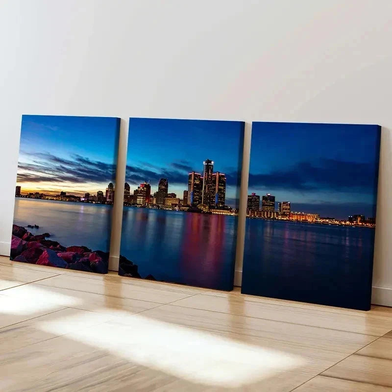 3pcs Modern Cityscape Sunset City Skyline Wall Art Set Canvas Framed 50x70cm - High Quality Print 100% Australian Made Wall Canvas Ready to Hang - Bella Home Decor