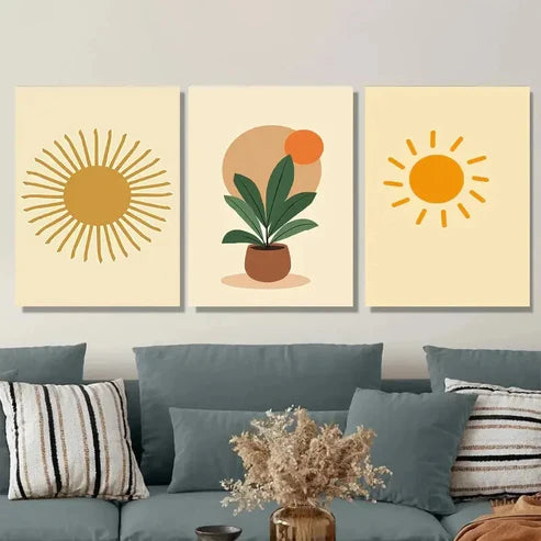 3pcs Vibrant Sun & Plant Sunny Botanical Wall Art Set Canvas Unframed - High Quality Print 100% Australian Made Wall Canvas