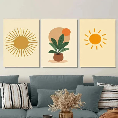 3pcs Vibrant Sun & Plant Sunny Botanical Wall Art Set Canvas Unframed - High Quality Print 100% Australian Made Wall Canvas