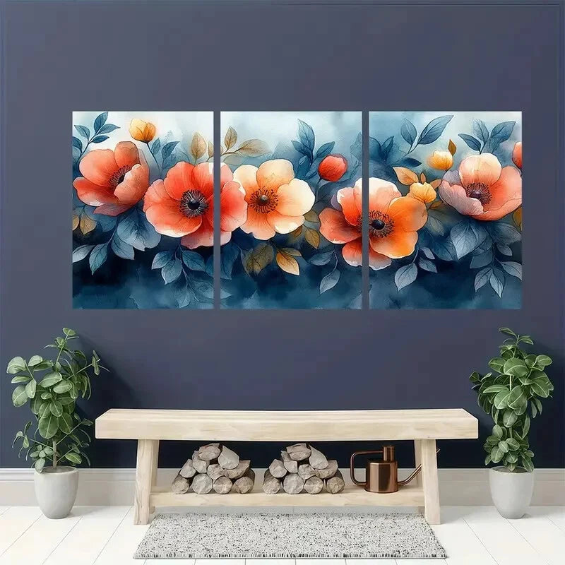 3pcs Vibrant Orange & Blue Flower Metal Print Ready to Hang Art - Bella Home Decor