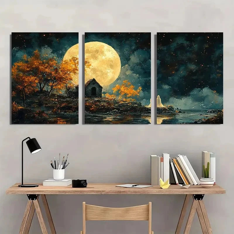 3pcs Vintage Moonlit Night Wall Art Set Canvas Framed 50x70cm - High Quality Print 100% Australian Made Wall Canvas Ready to Hang