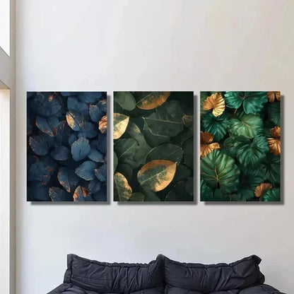 3pcs Jungle & Green Leaves with Golden Accents Wall Art Canvas Unframed - High Quality Print 100% Australian Made Wall Canvas