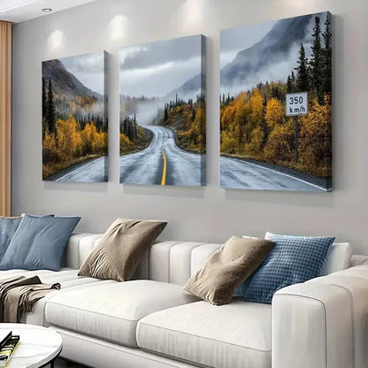 3pcs Autumn Mountain Road Triptych Wall Art Set Wall Art Canvas Unframed - High Quality Print 100% Australian Made Wall Canvas - Bella Home Decor