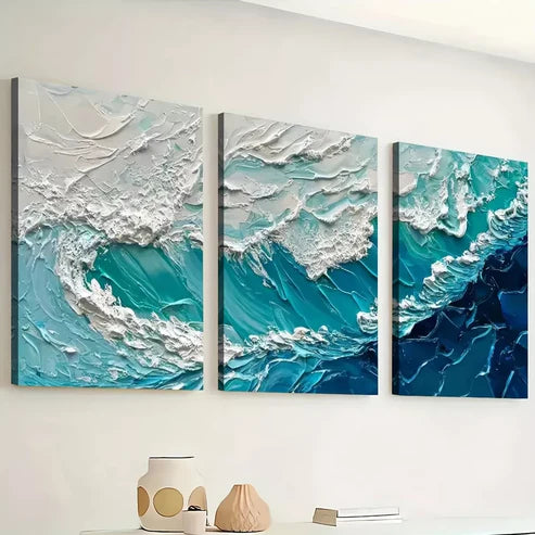 3pcs Modern Elegant Stylish Abstract Ocean Wave Wall Art Set Canvas Framed 60x90cm - High Quality Print 100% Australian Made Wall Canvas Ready to Hang