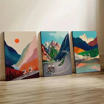 3pcs Vibrant Cycling Couple Scenic Landscape  Wall Art Set Canvas Unframed - High Quality Print 100% Australian Made Wall Canvas