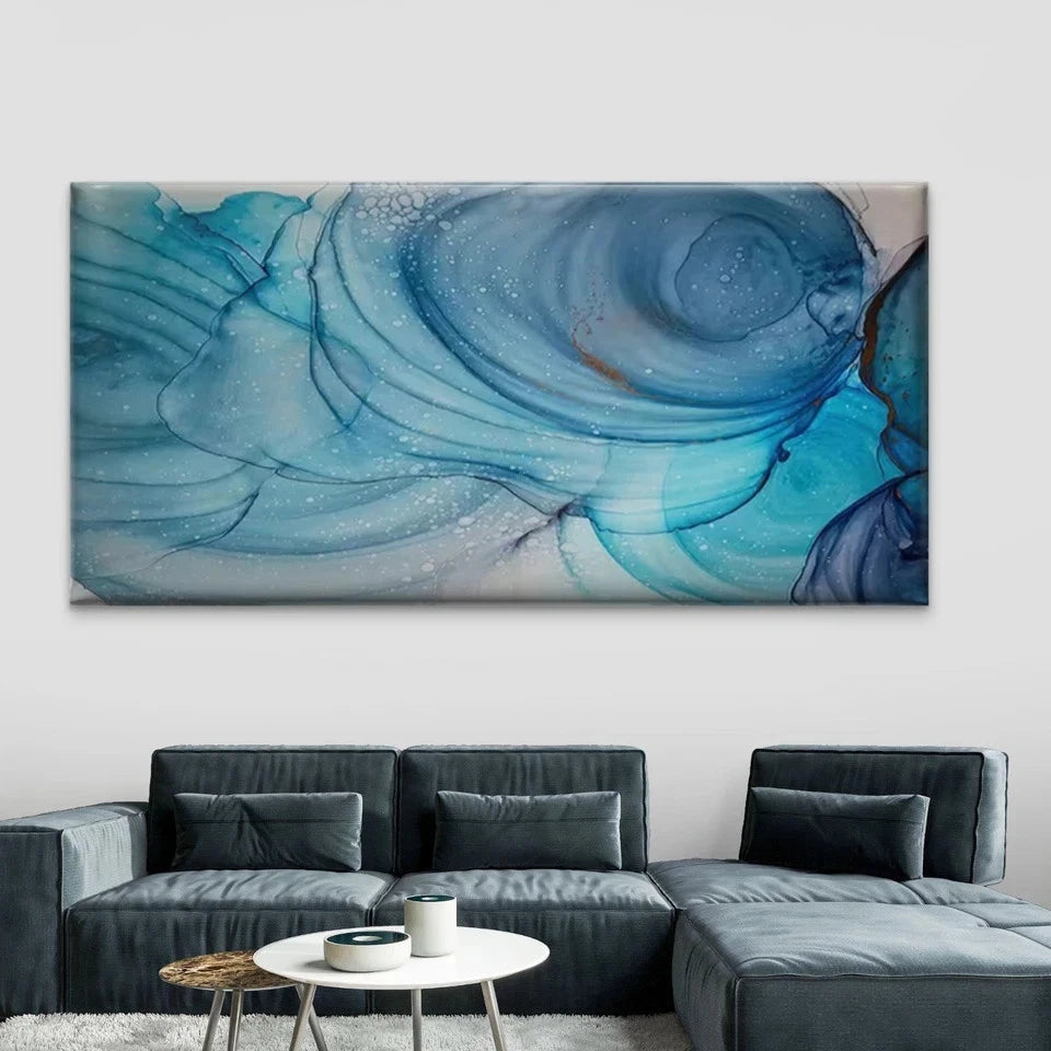 Blue Swirling Ocean Waves Wall Art Canvas Office Home Room Framed 120x60cm