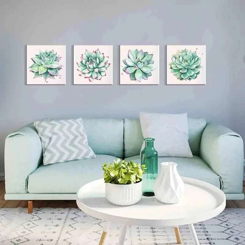 4pcs  Green Leaf Framed Nature Pictures Wall Art Canvas Framed