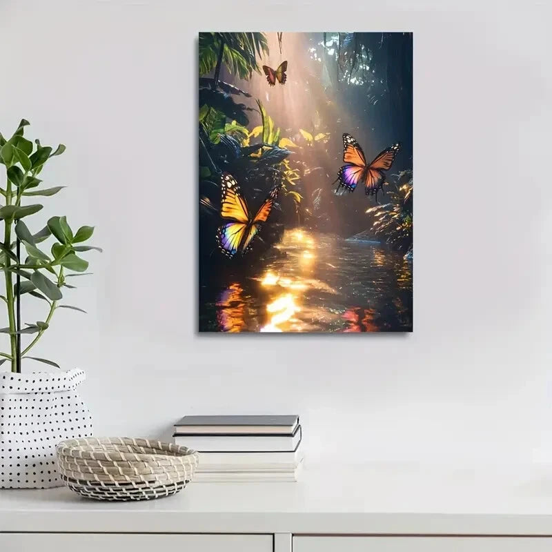 Cyberpunk Jungle Scene with Butterflies Chasing  40x60cm Metal Print Ready to Hang - Bella Home Decor