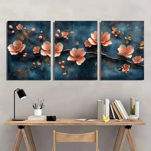 3pcs Elegant Blue And Jinse Huayuan Theme Wall Art Canvas Unframed - High Quality Print 100% Australian Made Wall Canvas