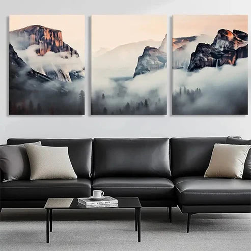 3pcs Foggy Scenic View Golden Mountain Wall Art Canvas Unframed - High Quality Print 100% Australian Made Wall Canvas - Bella Home Decor