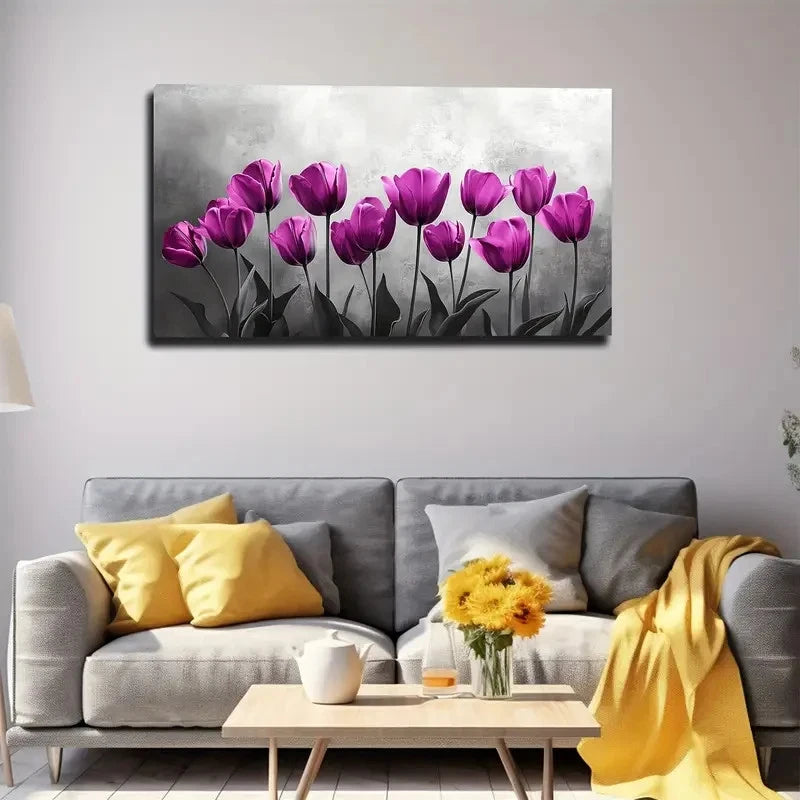 Tulips Design In Pink & White Wall Art canvas office home room framed 120x60cm - Bella Home Decor