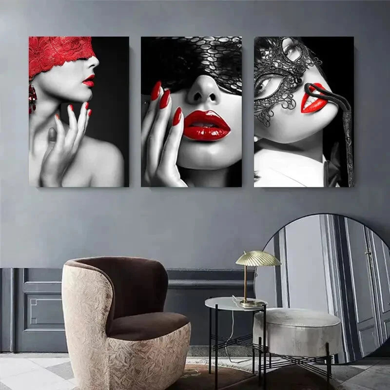 3pcs Red Lips with Lace Mask Abstract Perfect Wall Art Set Canvas Framed 40x60cm - High Quality Print 100% Australian Made Wall Canvas Ready to Hang - Bella Home Decor
