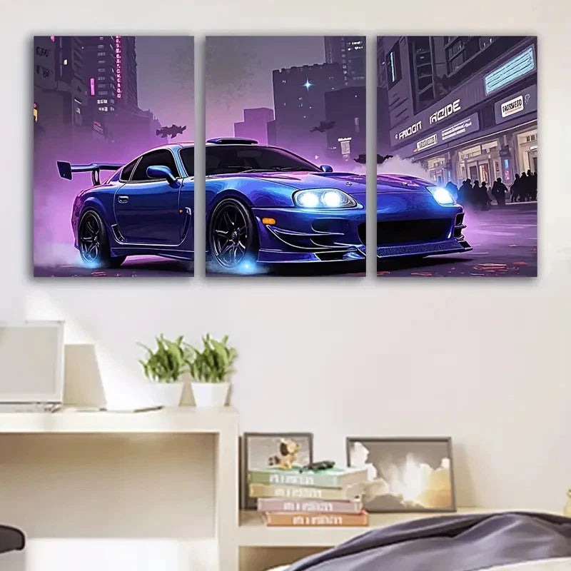 3pcs NFS Most Wanted Sports Car in Neon City Wall Art Set Canvas Framed 60x90cm - High Quality Print 100% Australian Made Wall Canvas Ready to Hang