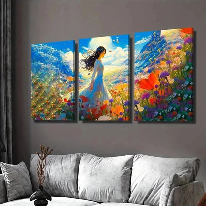 3pcs Beautiful Woman In Flower Vibrant Landscape Wall Art Set Canvas Framed 50x70cm - High Quality Print 100% Australian Made Wall Canvas Ready to Hang