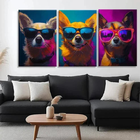 3pcs Cool Chihuahuas in Glasses Vibrant Perfect Wall Art Canvas Unframed - High Quality Print 100% Australian Made Wall Canvas - Bella Home Decor