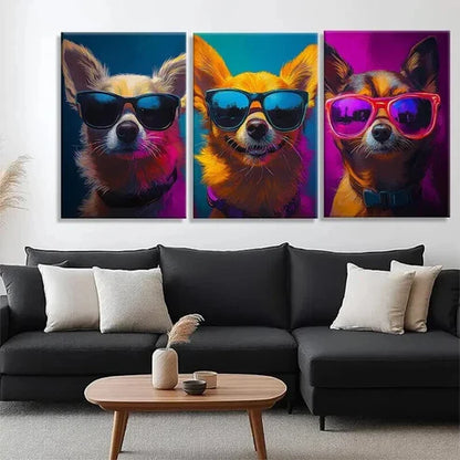 3pcs Cool Chihuahuas in Glasses Vibrant Perfect Wall Art Canvas Unframed - High Quality Print 100% Australian Made Wall Canvas - Bella Home Decor