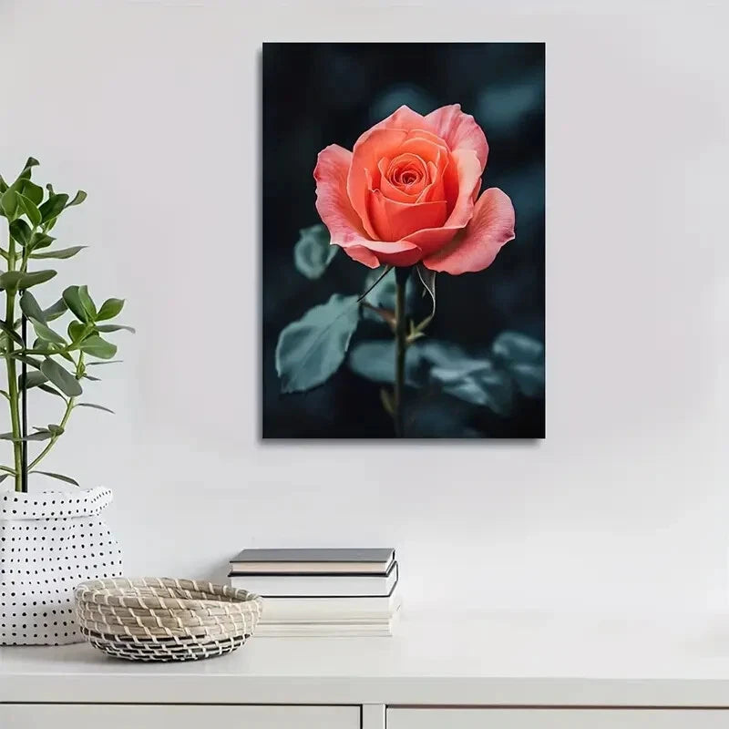 Vibrant Orange Rose on Dark Background Painting 40x60cm Metal Print Ready to Hang - Bella Home Decor