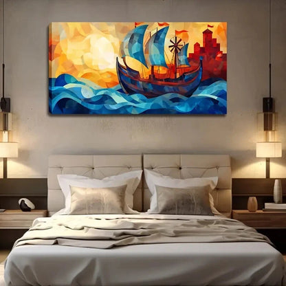 Blue Sailboat On Waves Décor Wall Art Canvas Office Home Room Framed 120x60cm - Bella Home Decor