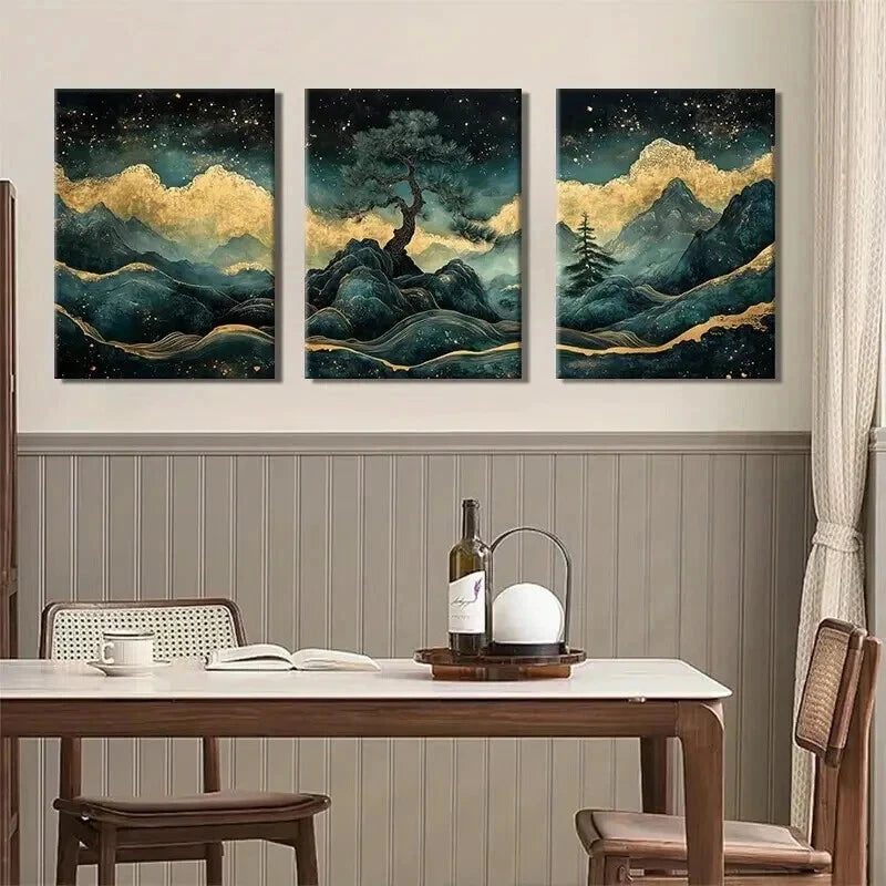 3pcs Golden Mountain Tree Night Sky Perfect Wall Art Set Canvas Framed 60x90cm - High Quality Print 100% Australian Made Wall Canvas Ready to Hang - Bella Home Decor