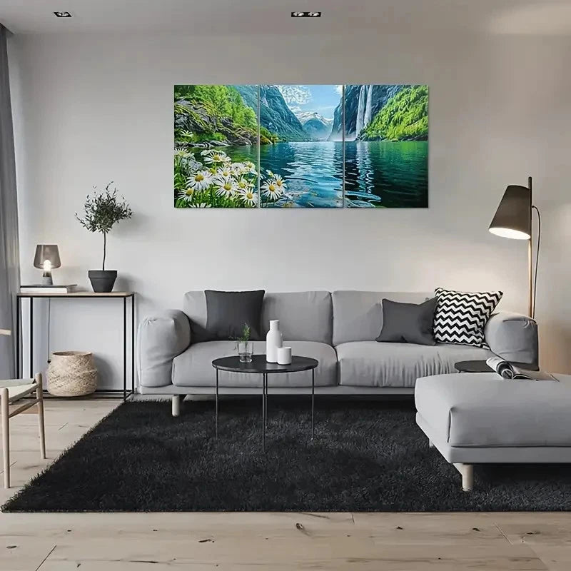 3pcs Nature Waterfall Mountain Daisy Flowers Wall Art Set Canvas Framed 60x90cm - High Quality Print 100% Australian Made Wall Canvas Ready to Hang