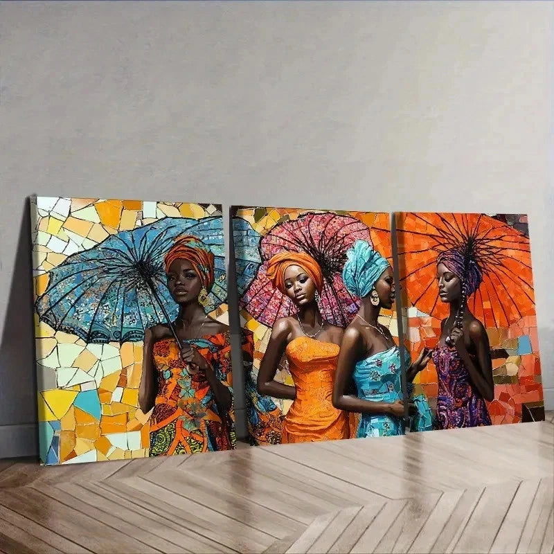 3pcs Three Beautiful African Women Wall Art Set Canvas Framed 50x70cm - High Quality Print 100% Australian Made Wall Canvas Ready to Hang