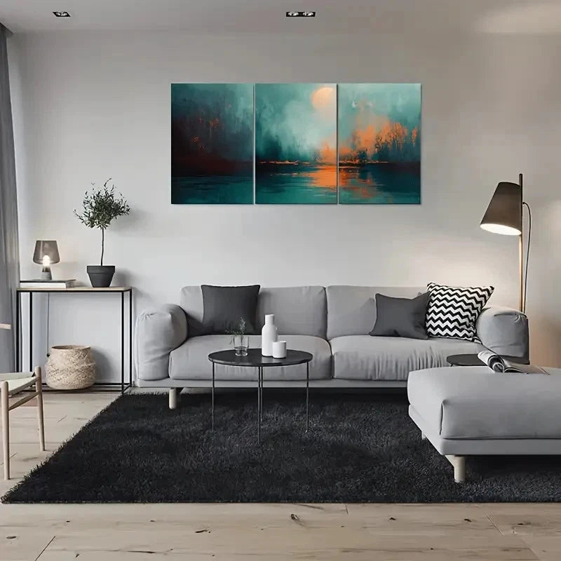3pcs Abstract Landscape Green Orange Metal Print Ready to Hang Art - Bella Home Decor