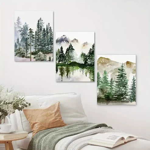 3pcs Mountain Forest Scenery Tranquil River Wall Art Canvas Unframed - High Quality Print 100% Australian Made Wall Canvas