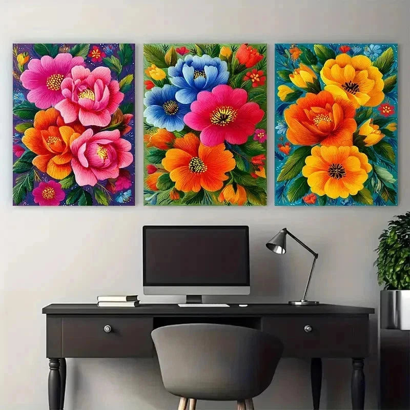 3pcs Vintage Chilean Floral Prints Perfect Wall Art Set Canvas Framed 50x70cm - High Quality Print 100% Australian Made Wall Canvas Ready to Hang