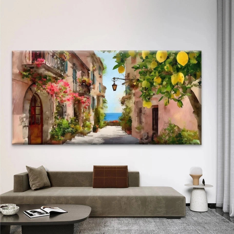 Lemon Tree Mediterranean Street Wall Art Canvas Office Home Room Framed 120x60cm