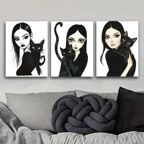 3pcs Gothic Style Girl and Black Cat Triptych Wall Art Set Wall Art Canvas Unframed - High Quality Print 100% Australian Made Wall Canvas