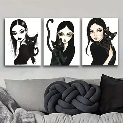 3pcs Gothic Style Girl and Black Cat Triptych Wall Art Set Wall Art Canvas Unframed - High Quality Print 100% Australian Made Wall Canvas