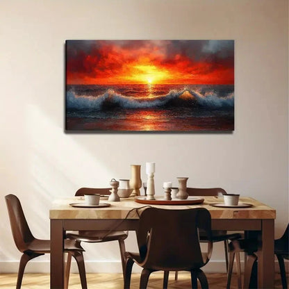 Vibrant Red Sunset With Waves Wall Art Canvas Office Home Room Framed 120x60cm