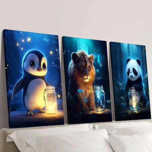 3pcs Enchanted Luminous Forest Creatures Wall Art Canvas Unframed - High Quality Print 100% Australian Made Wall Canvas