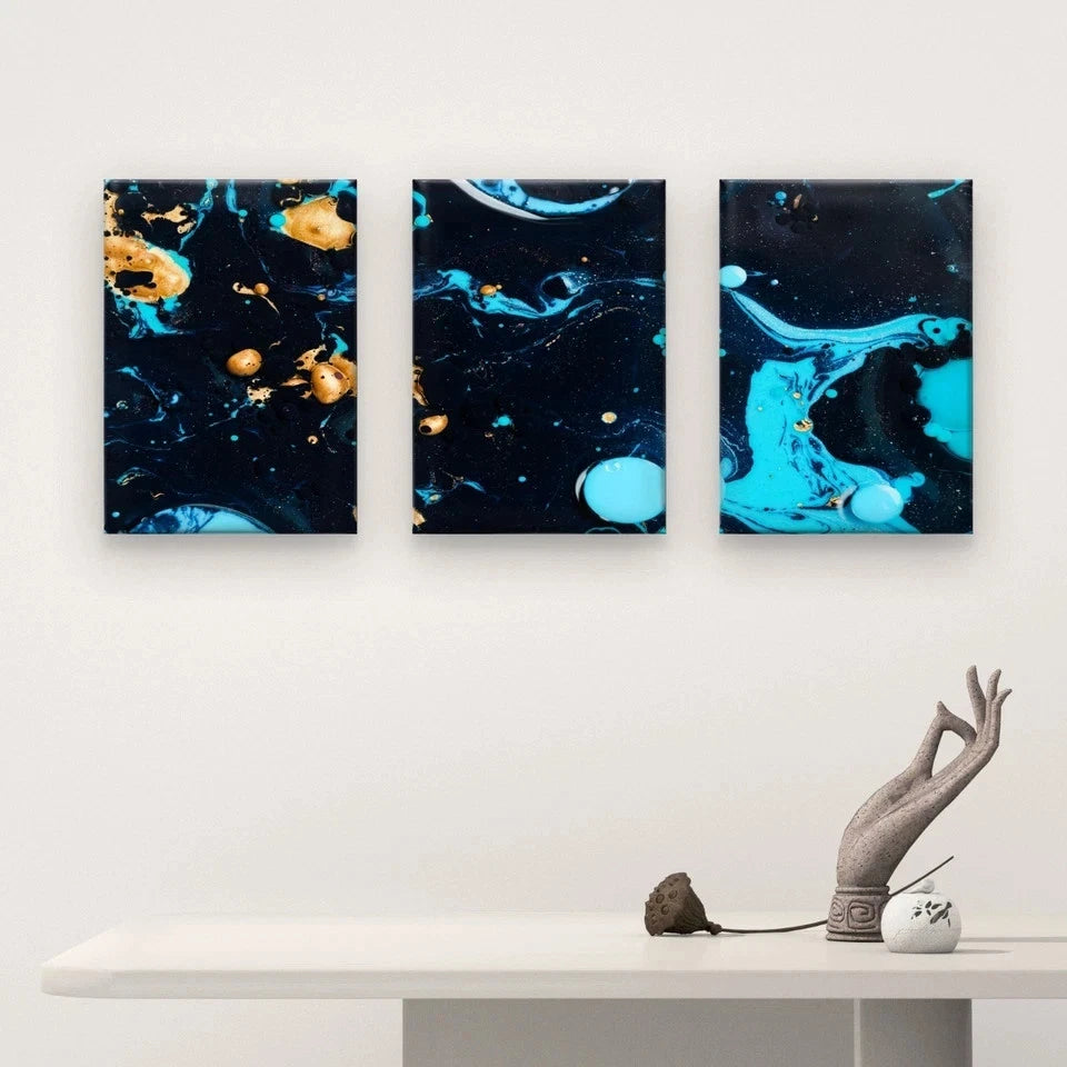 3pcs Cosmic Blue and Gold Fluid Abstract Marble Wall Art Set Canvas Framed 50x70cm - High Quality Print 100% Australian Made Wall Canvas Ready to Hang