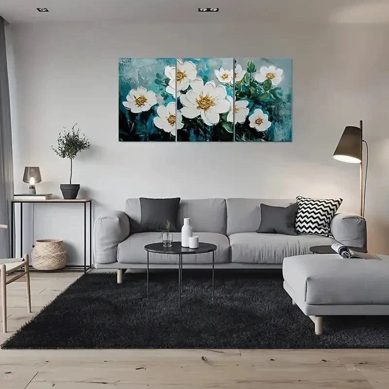 3pcs Abstract White Flowers on Teal Metal Print Ready to Hang Art - Bella Home Decor