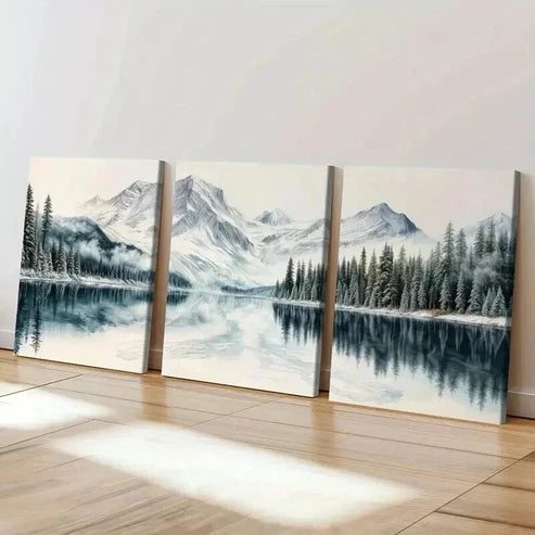 3pcs Snowy Mountains Serene Lake & Pine Trees Wall Art Canvas Unframed - High Quality Print 100% Australian Made Wall Canvas