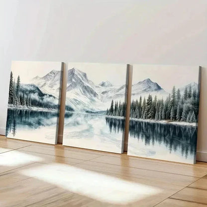 3pcs Snowy Mountains Serene Lake & Pine Trees Wall Art Canvas Unframed - High Quality Print 100% Australian Made Wall Canvas