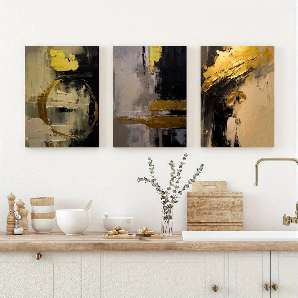 3pcs Golden and Black Abstract Metal Print Ready to Hang Art - Bella Home Decor