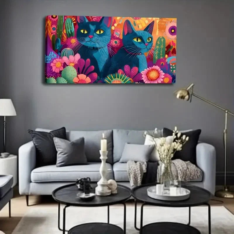 Abstract Blue Cats Colorful Wall Art Canvas Office Home Room Framed 120x60cm
