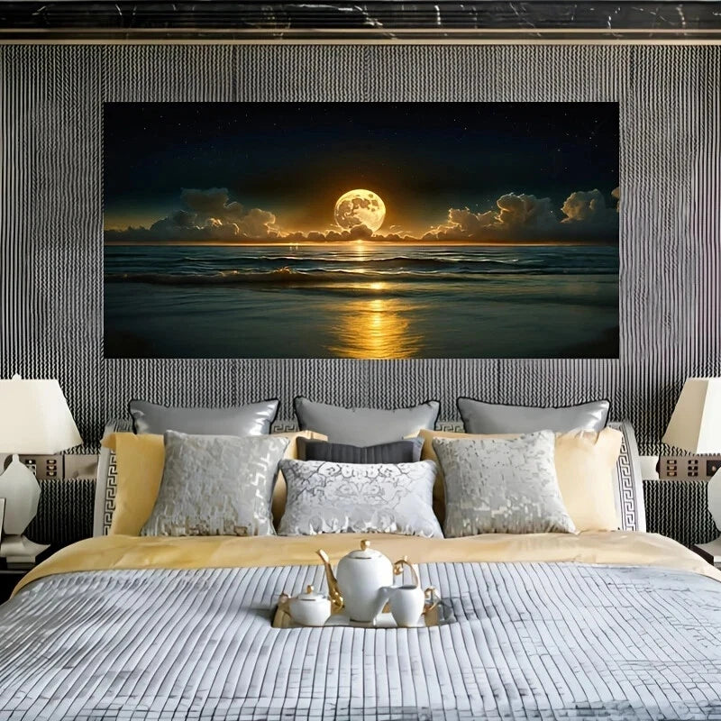 Moonlit Beac wall canvas office home room framed 120x60cm - Bella Home Decor